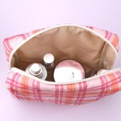 Custom Logo Printing Check Cotton Zipper Travel Portable Cosmetic Brush Makeup Bag Luxury Satin Cosmetic Pouch