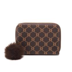 Lady's Fashion Printed Wallet Portable Single Handle Purse with Chains Decoration Short and Stylish Welfare Bag with Fur Ball