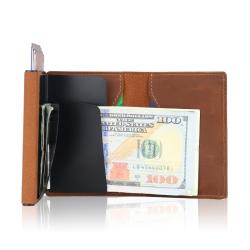 Custom Genuine Leather Pop up Card Holder Aluminum Wallet Crazy Horse Leather Metal Card Holder