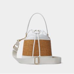 New Design Wholesale Summer Casual Vacation Straw Crossbody Bags Vintage PU Straw Women's Seaside Bucket Bag