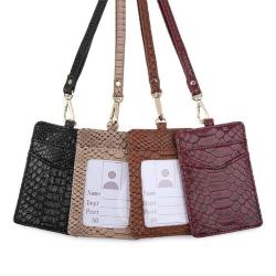 Custom Logo Ins Hot Sales Snake Skin Print Pu Leather Work School ID Card Nurse Badge Holder with Retractable Lanyard