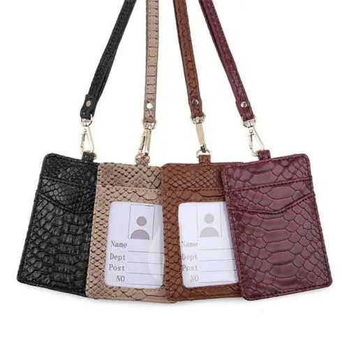 Custom Logo Ins Hot Sales Snake Skin Print Pu Leather Work School ID Card Nurse Badge Holder with Retractable Lanyard