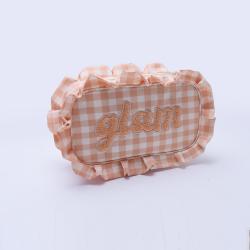 Keymay Custom embroidered letters Girls Cute Organizer Zipper Pouch Gingham Pouch Check Cosmetic Bag Ruffle Makeup Bag