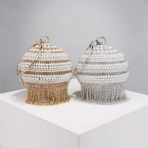 Fashion rhinestone wedding bridal bling diamond banquet party clutch bag handbags round ball tassels evening bags bulk wholesale