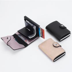Custom leather pop up wallet card holder saffiano pattern metal wallet leather aluminum wallet