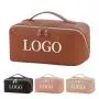 Custom Design Luxury PU Leather Women Portable Travel Makeup Bag With Handle Flat Lay Makeup Organizer Cosmetic Bags