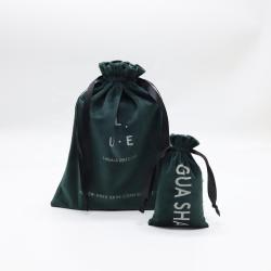 Flexography Customized Dark Green Velvet Drawstring Travel Shopping Handbag Small Medium Velvet Cosmetic Makeup Gift Bag