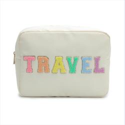 Low MOQ Stock Waterproof Nylon Fabric Toiletry Bag Personalized Embroidery Patches Cute Makeup Cosmetic Bag