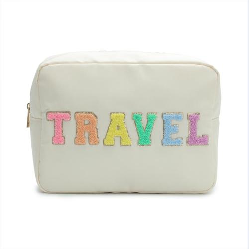 Low MOQ Stock Waterproof Nylon Fabric Toiletry Bag Personalized Embroidery Patches Cute Makeup Cosmetic Bag