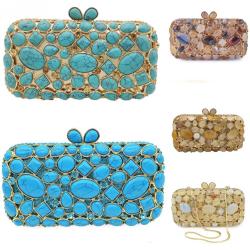 Wholesale new agate turquoise diamond dinner banquet jewel bag luxury handbags clutch evening bags in stock