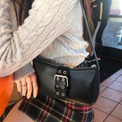 Retro Cold Wind Leather Buckle Design Black Handbags Female  Single Shoulder Bag