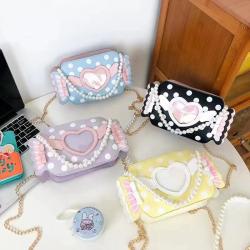 Sweet Girl Crossbody Bag Cute Pearl Handbag Ins Dot Love Candy Lady Single Shoulder Chain Bag Simple Trend Pu Lock Cute Girl Bag