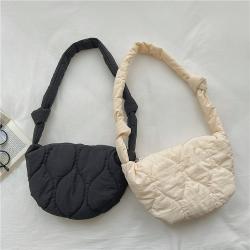 New Korean Fashion Hobos Crossbody Bag Simple Slingbag Black Casual Nylon Women Padded Cotton Puff Soft Shoulder Messenger Bag