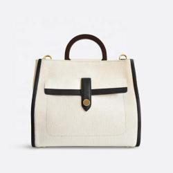 Wholesale Fashion Contrast Color Pu Leather Ladies Canvas Handbags Oem Odm Big Wooden Handle Printed Handbag for Women