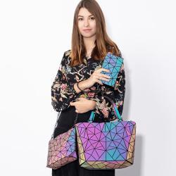 LOVEVOOK handbags for women luxury designer geometric holographic reflective luminous bag set 3pcs purses and handbag
