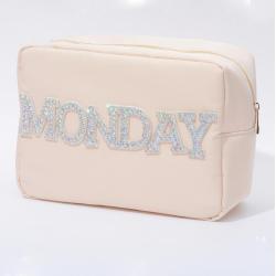 stock cosmetic bag can be customized with Chenille letter patches makeup pouch nylon wash bag