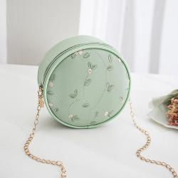 New Fashion Women's Bags Soft PU Leather Messenger Bag with Chain Embroidered Small round Mobile Phone Shoulder Bags