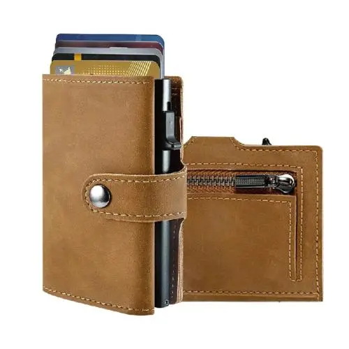 Fashion Aluminum Metal Slim Minimalist Front Pocket Card Holder Luxury Anti Rfid Blocking Protected Genuine Leather wallet