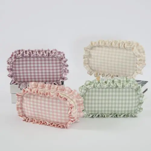 Sprint Cute Lifestyle Storage Organizer Women Girls Polyester Gingham Bag Plaid Travel Toiletry Cosmetic Bag Pink Ruffle Pouch
