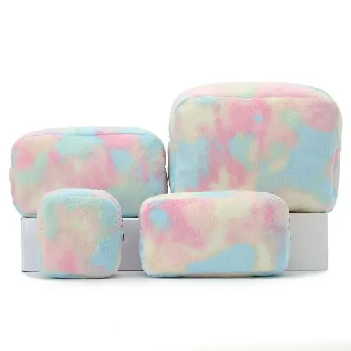 Personalized Eco Friendly Zip Lock Standup Fluffy Makeup Storage Organizer Pouch Women Furry Velvet Terry Towel Cosmetic Bag