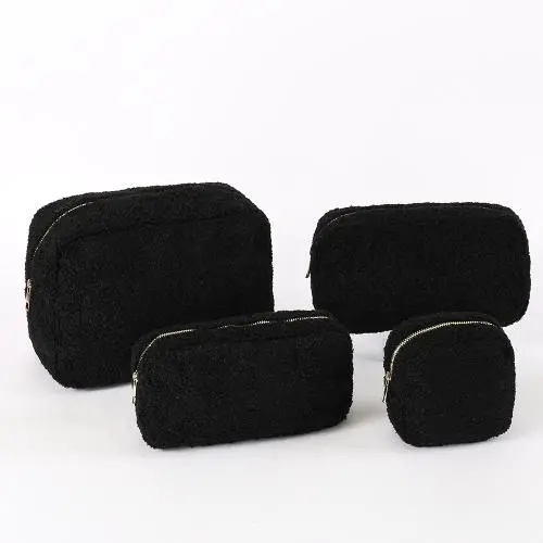 High Quality Luxury Custom Adorable Black Sherpa Cosmetic bag Women Makeup Brushes Bag Eco-Friendly Teddy Bear Standing Pouch