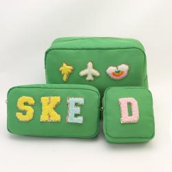 Keymay RTS 19 Colors Stock DIY Personalized Chenille Letter Pattern Patches Toiletry Mekup Pouch Travel Bag Nylon Cosmetic Bag