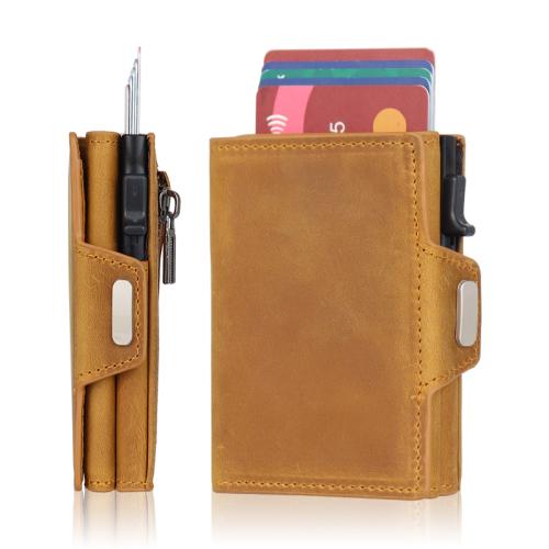 Wholesale Genuine Leather Pop Up Card Holder Wallet Crazy Horse Leather Stainless Steel Pop Up Card Holder