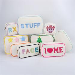 Bright Multi-color Custom DIY Embroidery Letter Patches Gold Zipper Zip Cute Style Natural Pouch Travel Canvas Cosmetic Bag