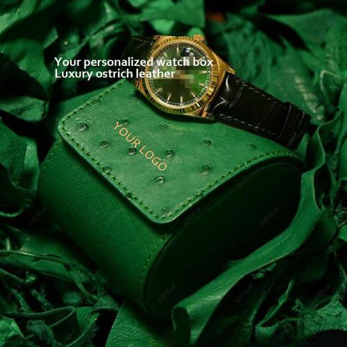 Customized Luxury Real Genuine Ostrich Skin Leather Watch Boxes Case Travel Portable Mini Single Watch Storage Case Custom