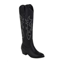 Women's Embroidered Western Cowboy Boots Knee High Stitching Almond Toe Medium Chunky Heel Pointy Toe Fashion Retro Classic Boot