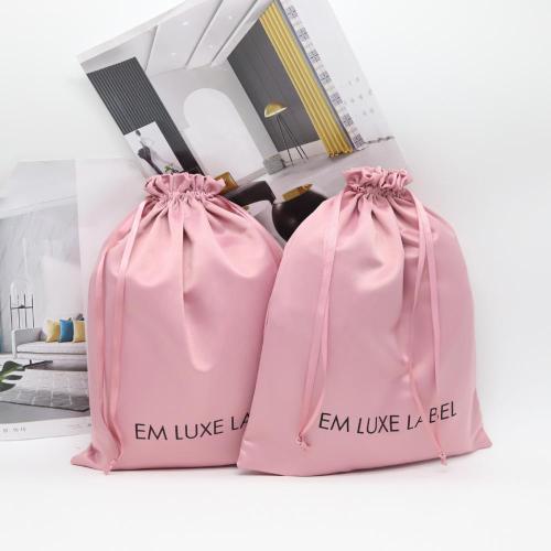 Pink Hair Extension Packaging Satin Pouch Custom Logo Printed Large Satin Drawstring Dust Shopping Clothes Bag