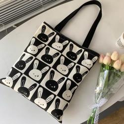 Cute Rabbit New Canvas Bag Women's Shoulder Large Capacity Student School Bag Handbag Zipper Japanese Korean Style Tote Bag