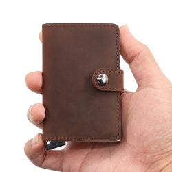 Wholesale Cowhide Leather Aluminum Mens Wallet Crazy Horse Leather Metal Wallet RFID Pop Up Card Holder Wallet
