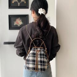 Wholesale Removable Shoulder Strap Backpack Black Plaid Chain Canvas School Bag PU Leather Bucket Backpack for Women