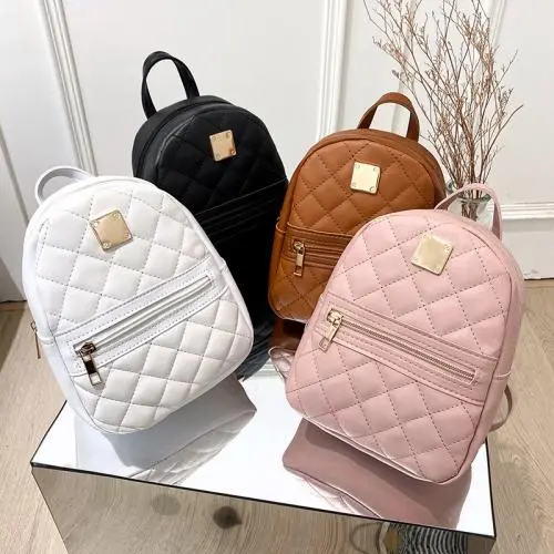 Korean Ladies PU Leather Embroidered Mini Backpack Geometric Rhombus Texture Travel Small Backpack For Women
