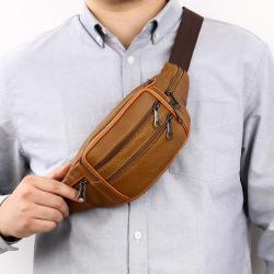 Genuine leather men's sports portable multi compartment cowhide waist bag
