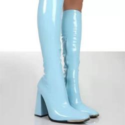 Western Popular Style Patent Leather Upper Women Square Toe Knee High Boots Side Zipper Chunky High Heel Boots For Women