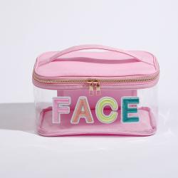 Keymay Custom Letter Patches Candy Color Pvc Transparent Travel Bag Clear Cosmetic Pouch Open Top Pouch Makeup Case with Handle