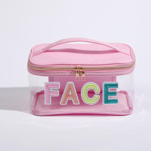 Keymay Custom Letter Patches Candy Color Pvc Transparent Travel Bag Clear Cosmetic Pouch Open Top Pouch Makeup Case with Handle