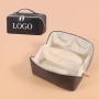 Custom Design Luxury PU Leather Women Portable Travel Makeup Bag With Handle Flat Lay Makeup Organizer Cosmetic Bags