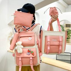 SC002 Fashion Pink Travel School Bag for Women Girls Student Canvas School Bag Set Cute College 5 pcs Backpack Sets