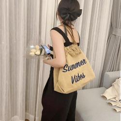 ZR436 Women's Bag Canvas Solid Color Summer Beach Fashion Handbag Portable One Shoulder Female Girl Tote Bag Shopping Bag
