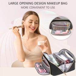 Customized Portable Travel Makeup Case Large Leather Cosmetic Bag with Strap Flat Lay Opening Waterproof Anti-Dust for Women
