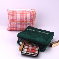 Custom Logo Printing Check Cotton Zipper Travel Portable Cosmetic Brush Makeup Bag Luxury Satin Cosmetic Pouch