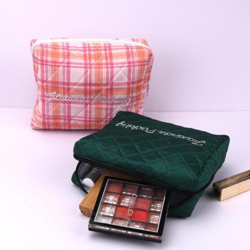 Custom Logo Printing Check Cotton Zipper Travel Portable Cosmetic Brush Makeup Bag Luxury Satin Cosmetic Pouch