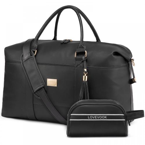 LOVEVOOK 2pcs/set Fashion Leather Travel Duffle Bag for Women Men Vintage Weekender Overnight Bag Gym Sports Bag with Wet Pocket