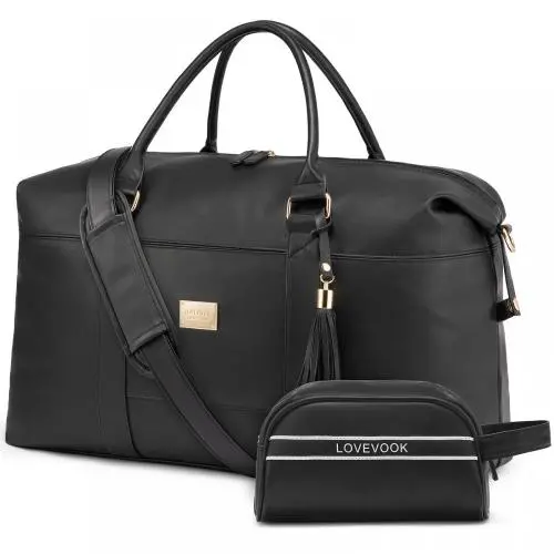 LOVEVOOK 2pcs/set Fashion Leather Travel Duffle Bag for Women Men Vintage Weekender Overnight Bag Gym Sports Bag with Wet Pocket