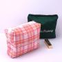 Custom Logo Printing Check Cotton Zipper Travel Portable Cosmetic Brush Makeup Bag Luxury Satin Cosmetic Pouch
