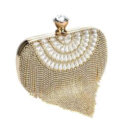 Hot sale gold rhinestone tassel pearl bag handbag metal chain shoulder clutch evening bags for wholesale