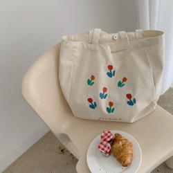 Large Capacity Summer White Student Canvas Handbags Embroidery Pattern Logo Canvas Shoulder Bag